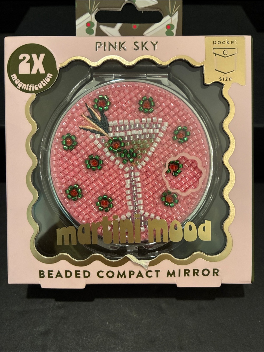 Pink Sky "Martini Mood" Beaded Compact Mirror - Pink